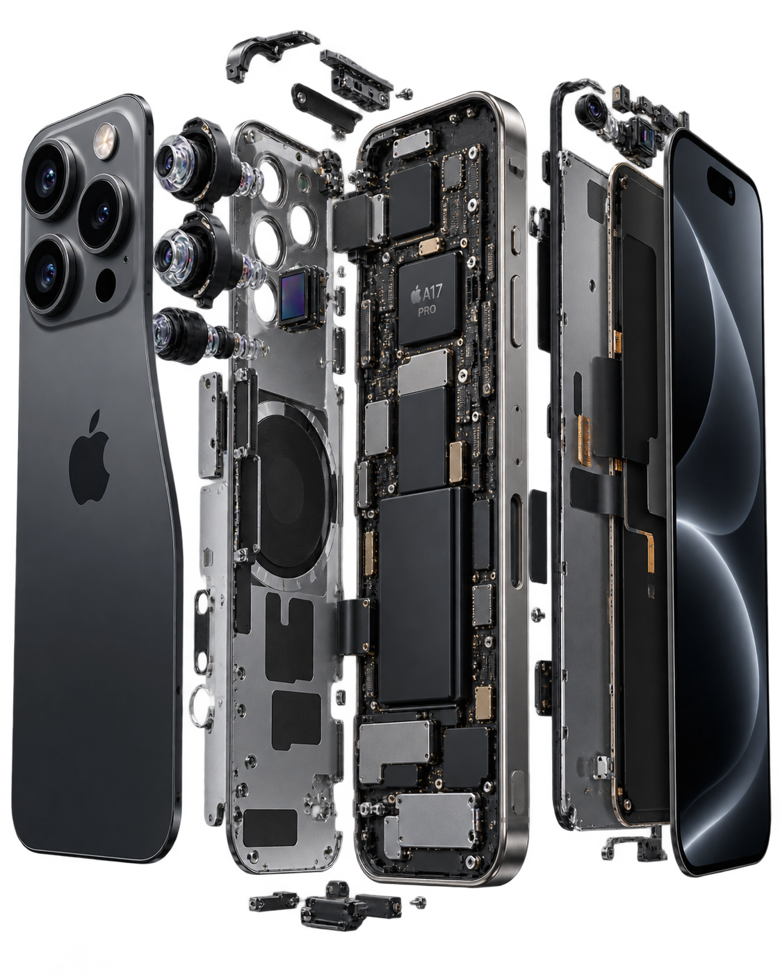 Explodierte iPhone-Darstellung als Symbol für professionelle Reparatur bei mcService